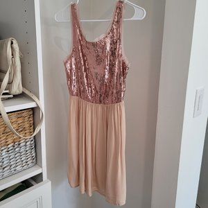 Lush Pink Sequin w Peachy Rayon Low V Back Lined Scoop Neck Front Dress Womens S